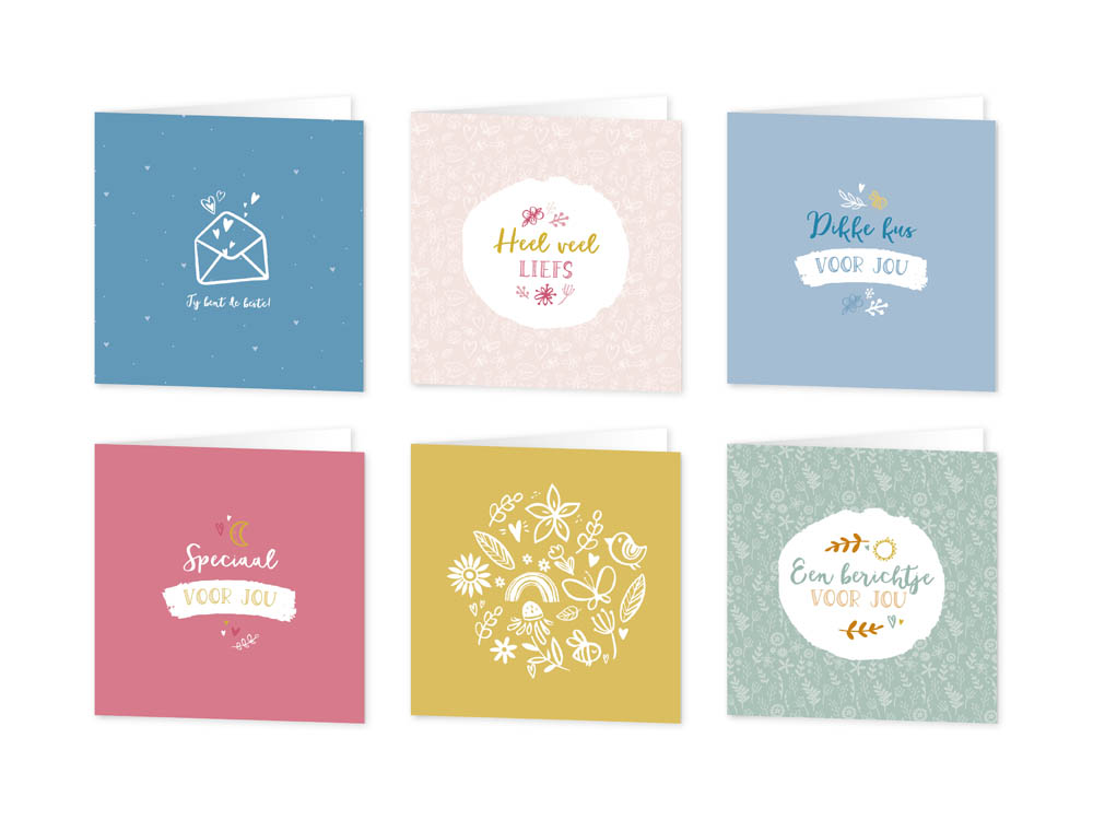Wenskaarten liefde / vriendschap - set van 6 - incl enveloppen