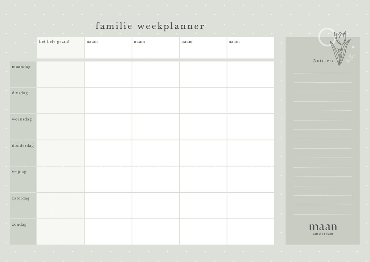 Maan Amsterdam - Familie weekplanner - Eclipse - A4 - Zonder datums - Neutrale kleuren - Gezinsplanner