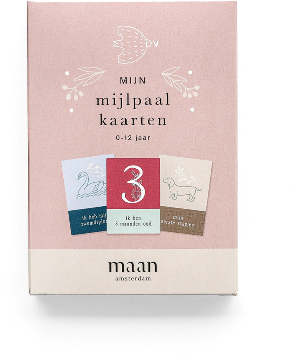 Maan Amsterdam - Mijn mijlpaalkaarten - 0 t/m 12 jaar - Set van 50 mijlpaalkaarten - A6 - Leg bijzondere momenten vast in het eerste baby jaar, opgroeien kind en basisschool tijd
